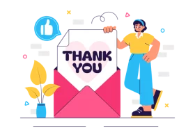 Cheerful Thank You Message Concept with Person Standing Next to Pink Envelope Clipart