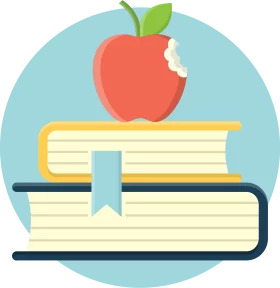 Educational Clipart of Red Apple on Stack of Books with Blue Background