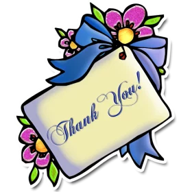 Elegant Floral Thank You Note Card with Blue Ribbon and Pink Flowers Clipart