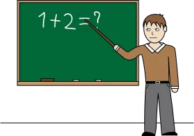 Elementary Mathematics Teacher Pointing at Addition Problem on Classroom Chalkboard