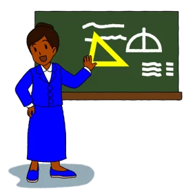 Elementary School Teacher Illustrating Geometry Concepts on Chalkboard Clipart