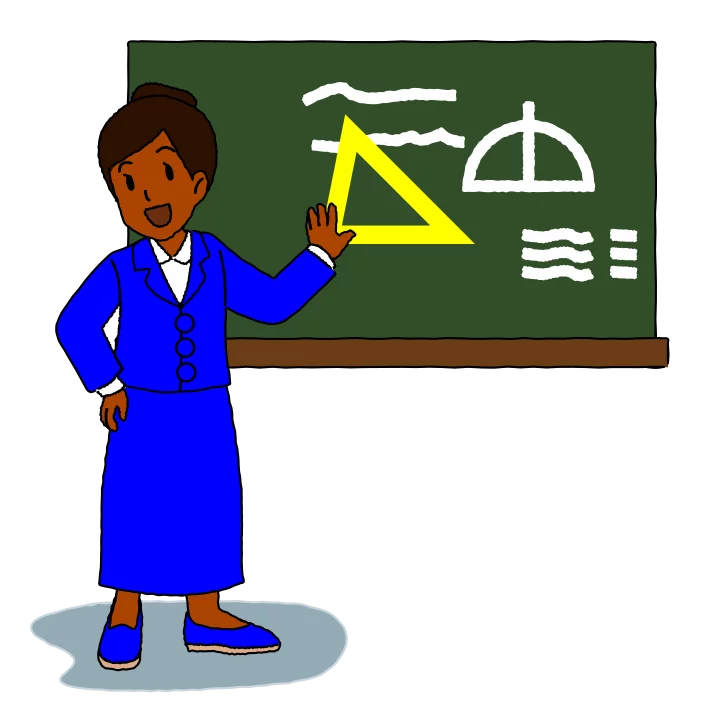 Elementary School Teacher Illustrating Geometry Concepts on Chalkboard Clipart