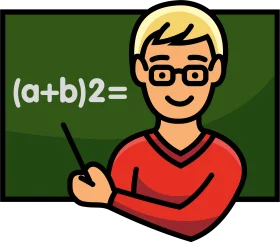 Friendly Math Teacher Explaining Algebraic Expression on Chalkboard Clipart