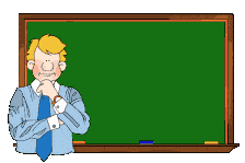 Professional Cartoon Teacher Standing Next to Empty Green Chalkboard in Classroom