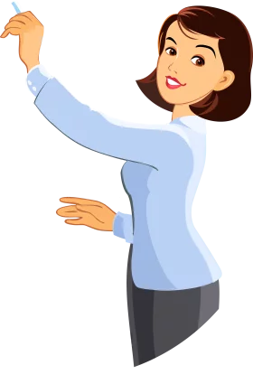 Professional Cartoon Woman in Light Blue Shirt Reaching Upward with Hand