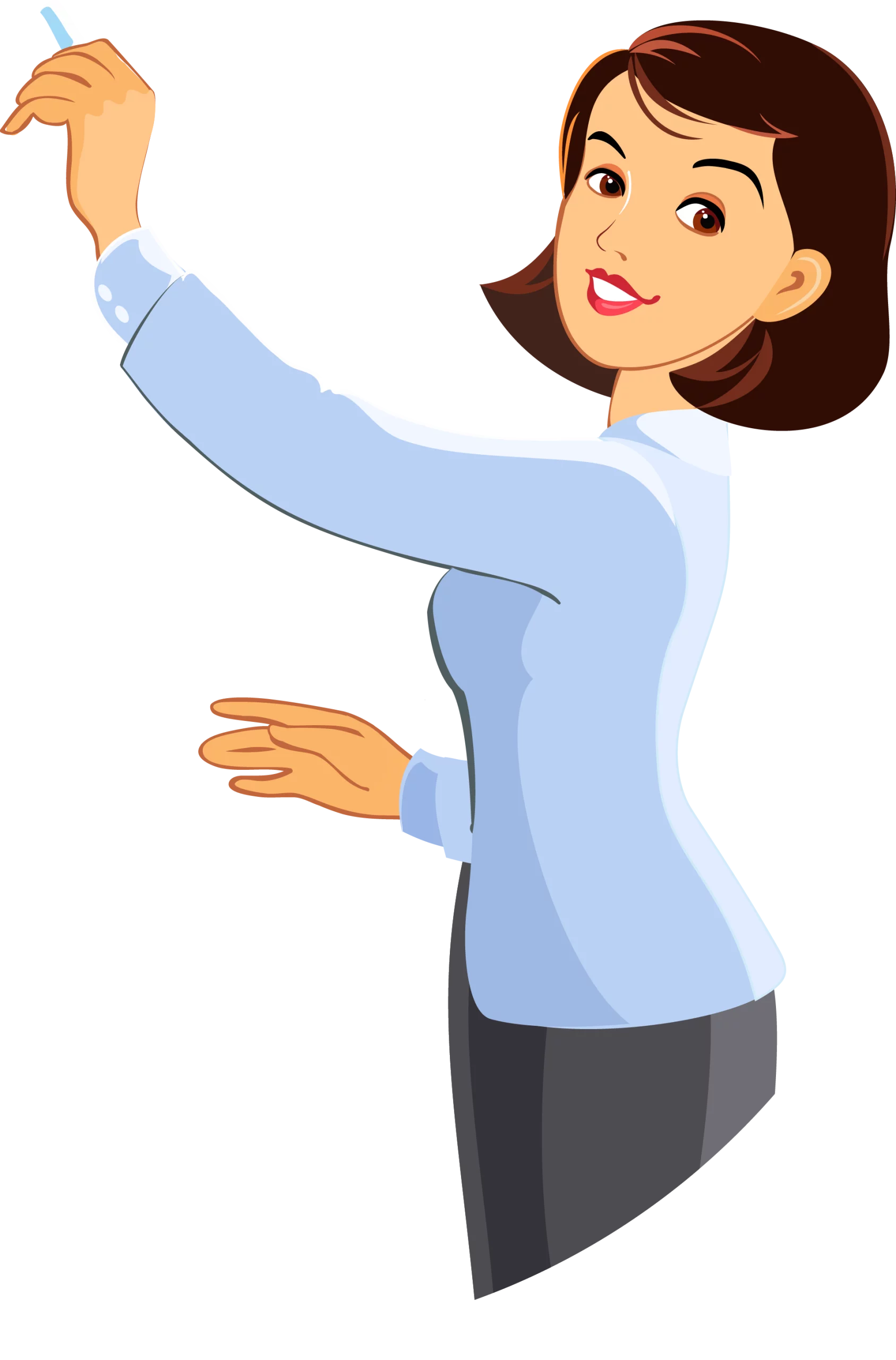 Professional Cartoon Woman in Light Blue Shirt Reaching Upward with Hand