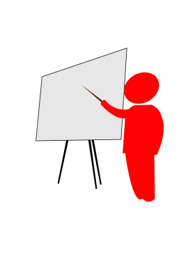 Simple Red Figure Teaching or Presenting at Blank Easel Whiteboard Clipart