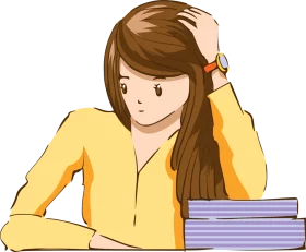 Stressed Student with Long Brown Hair Studying with Stack of Books Clipart