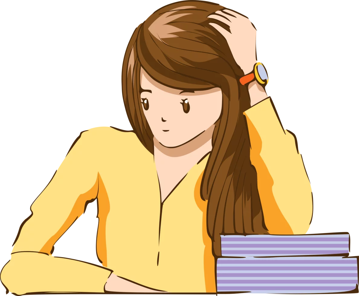 Stressed Student with Long Brown Hair Studying with Stack of Books Clipart