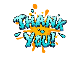 Vibrant Splashy Thank You Text with Blue Bubble Letters on Orange Splash Background