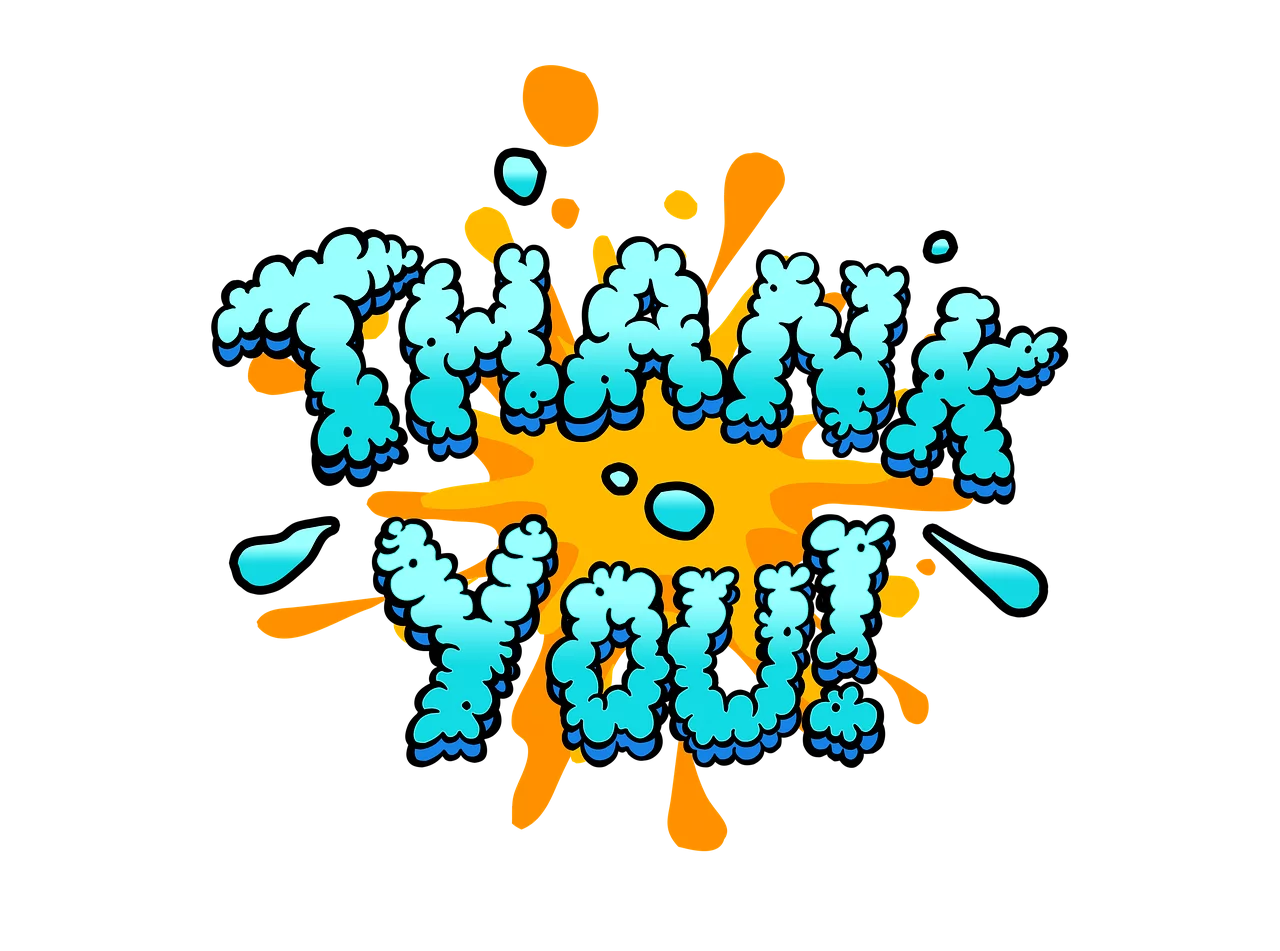 Vibrant Splashy Thank You Text with Blue Bubble Letters on Orange Splash Background