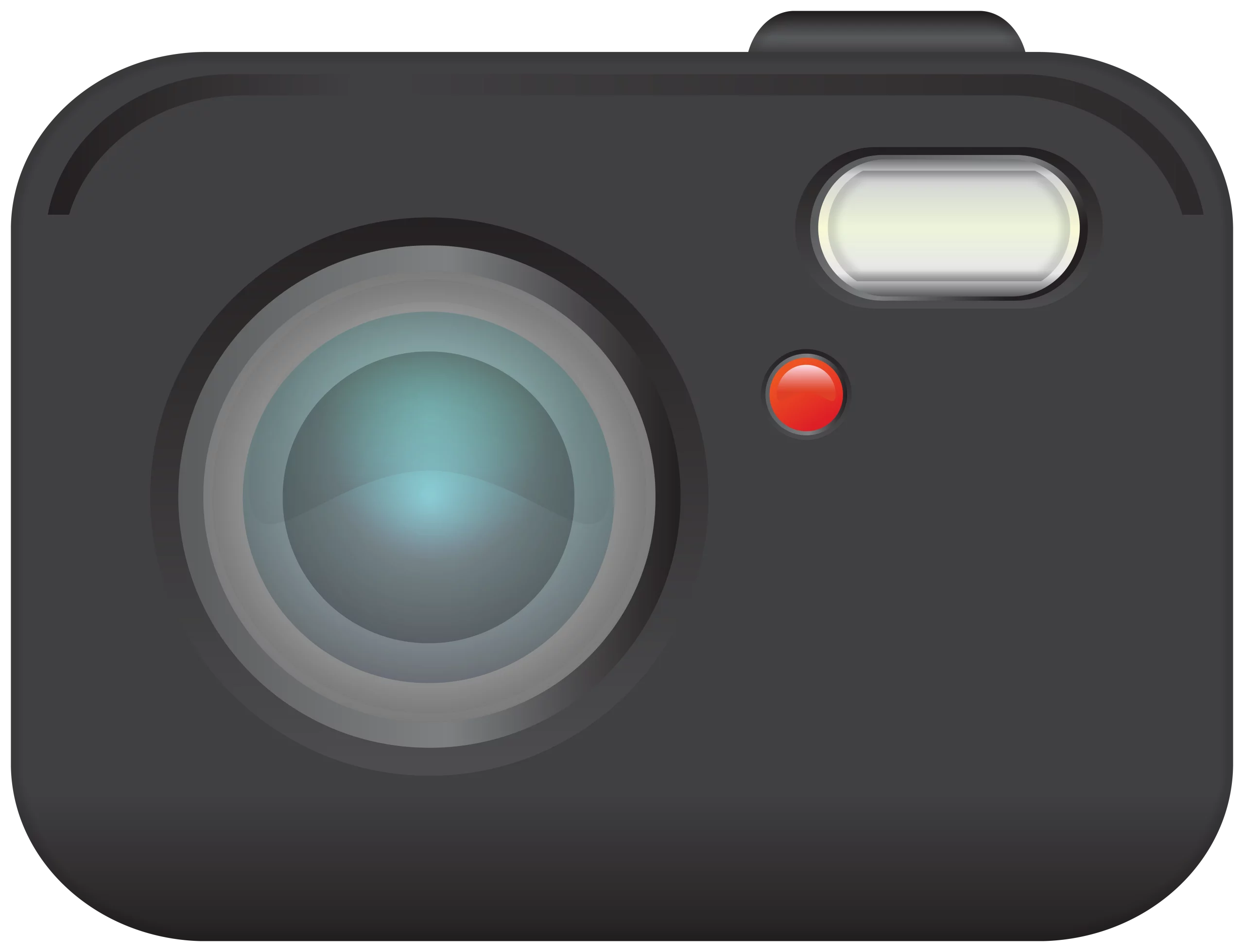 Minimalist Black Digital Camera Clipart with Teal Lens and Red Indicator Light