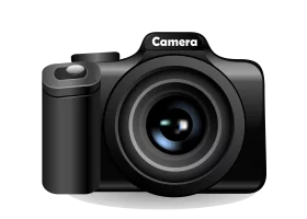 Professional Black Digital Camera Clipart with Blue Lens Reflection Photography