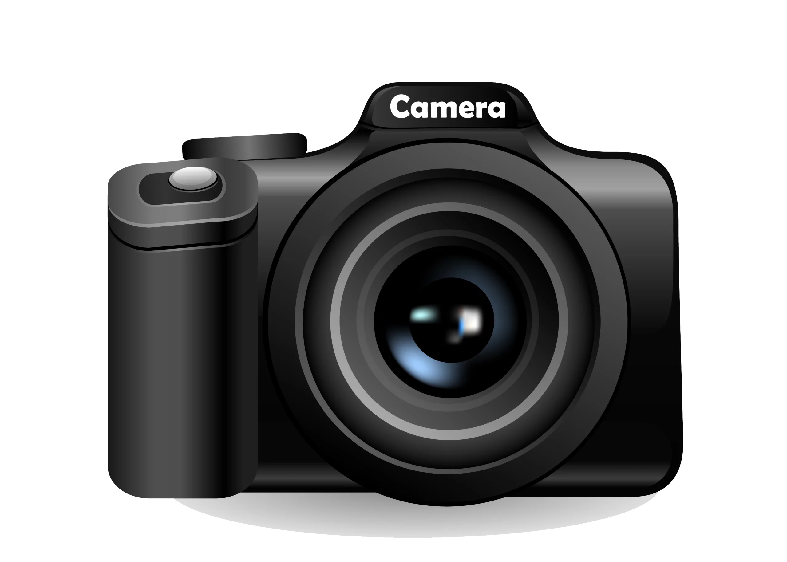 Professional Black Digital Camera Clipart with Blue Lens Reflection Photography