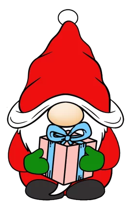 Adorable Christmas Gnome Holding Gift Box with Red Hat and White Beard Clipart