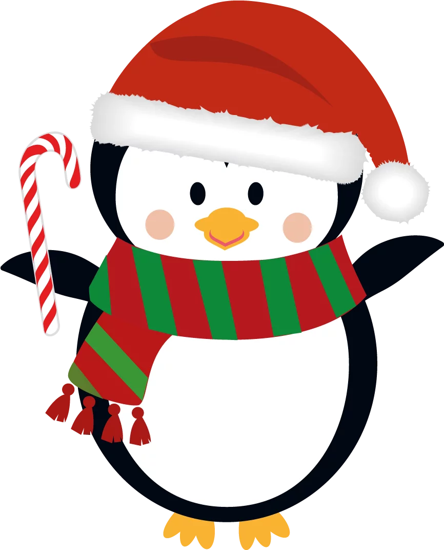 Adorable Christmas Penguin with Santa Hat and Candy Cane Holiday Character Clipart