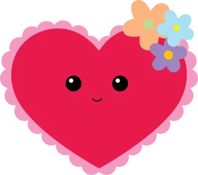 Adorable Smiling Heart Character with Flowers and Scalloped Border Clipart