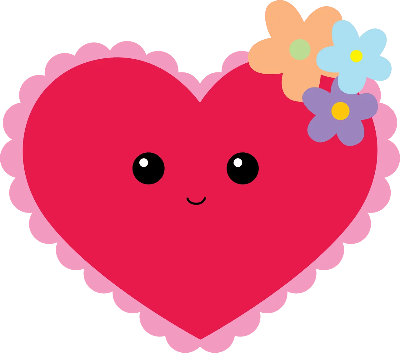 Adorable Smiling Heart Character with Flowers and Scalloped Border Clipart