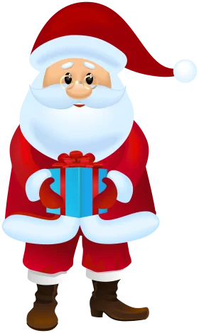 Cheerful Santa Claus Cartoon Character Holding Blue Gift Box Christmas Clipart