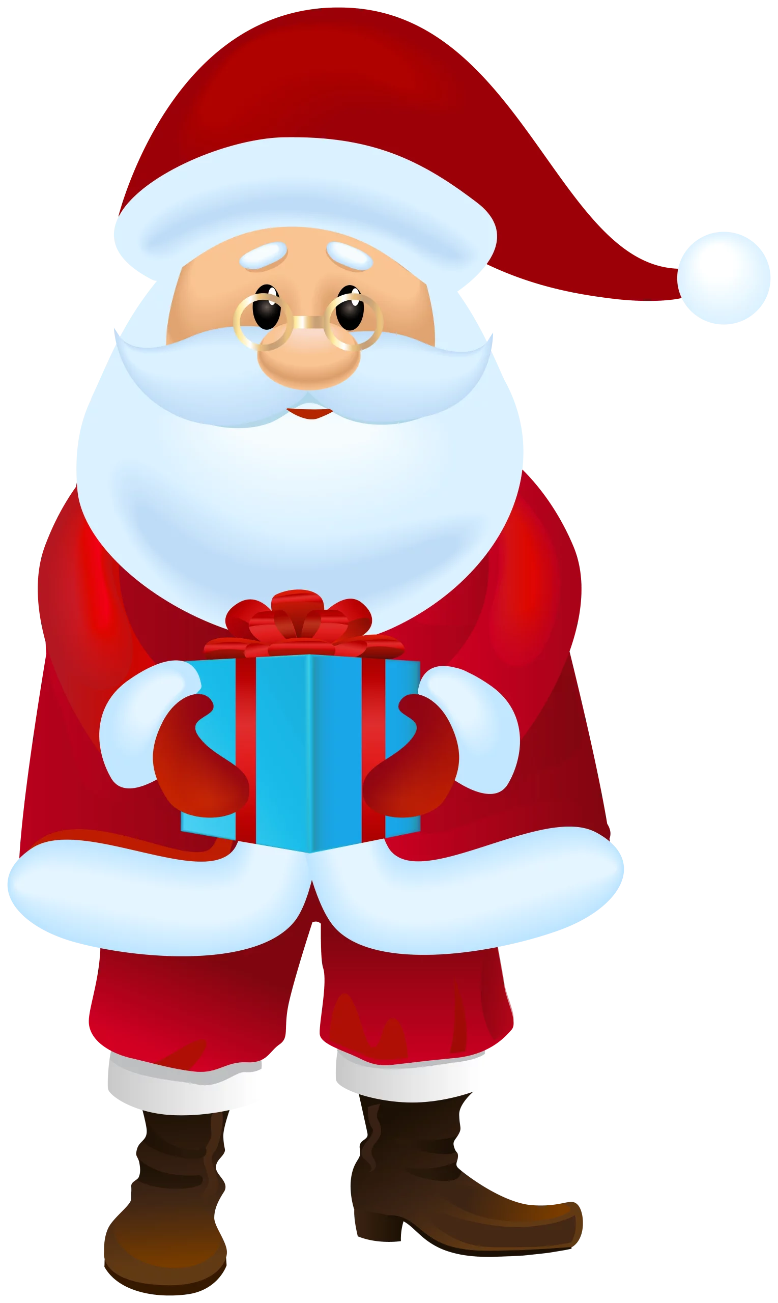 Cheerful Santa Claus Cartoon Character Holding Blue Gift Box Christmas Clipart