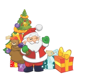 Cheerful Santa Claus with Christmas Tree, Teddy Bear and Colorful Presents Clipart