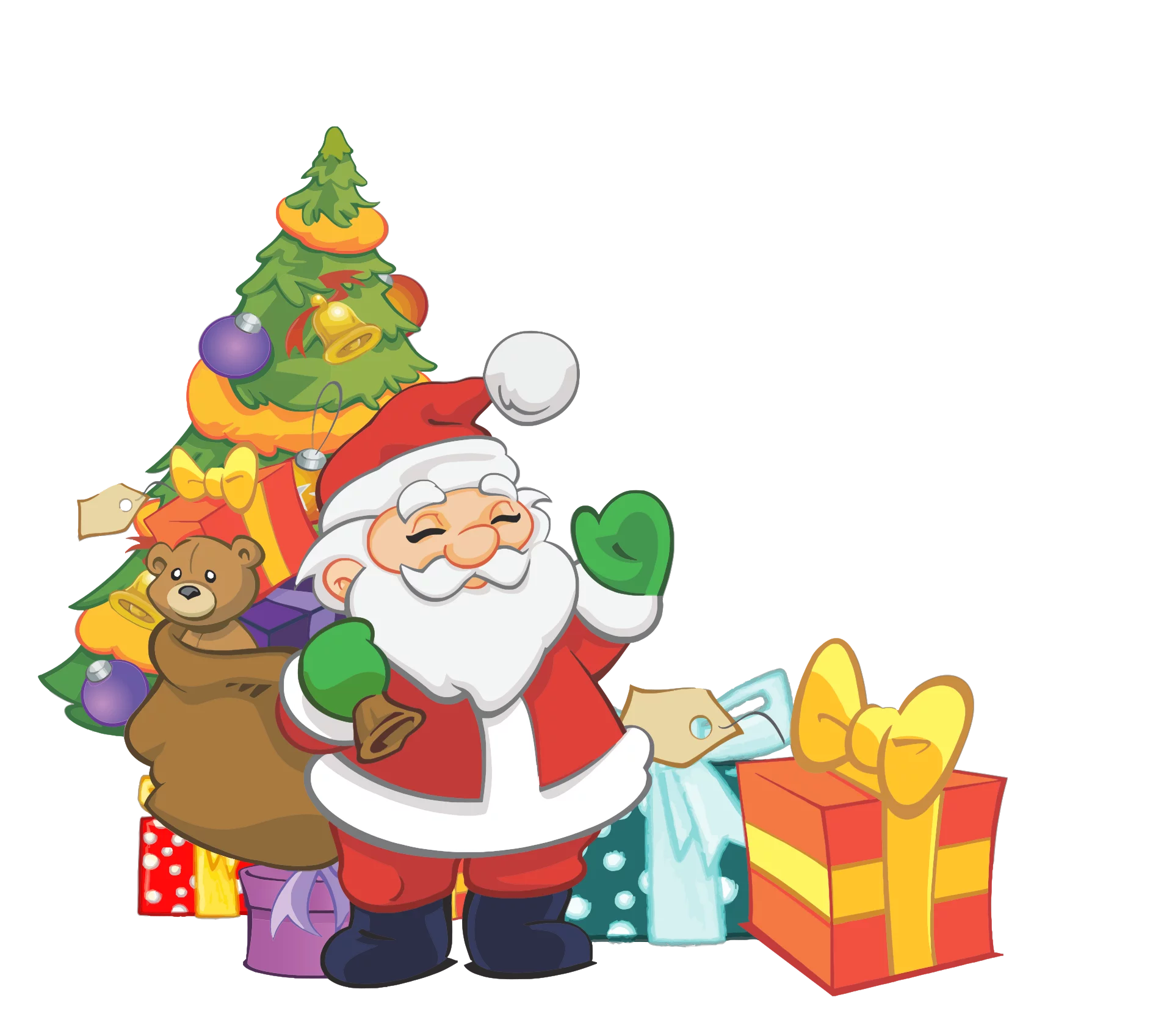 Cheerful Santa Claus with Christmas Tree, Teddy Bear and Colorful Presents Clipart