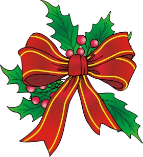 Christmas Holly and Red Bow Decoration: Festive Holiday Ornament Clipart