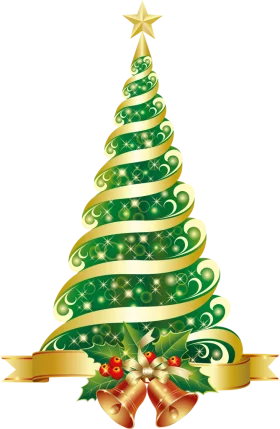 Elegant Festive Christmas Tree with Gold Spiral Ribbon and Decorative Bells Clipart