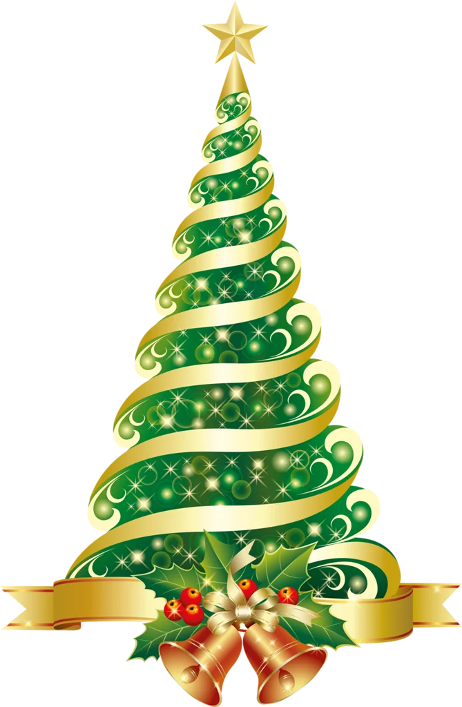 Elegant Festive Christmas Tree with Gold Spiral Ribbon and Decorative Bells Clipart