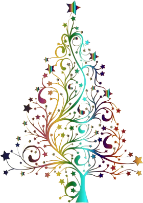 Elegant Rainbow Swirl Christmas Tree Silhouette with Starry Ornaments Clipart