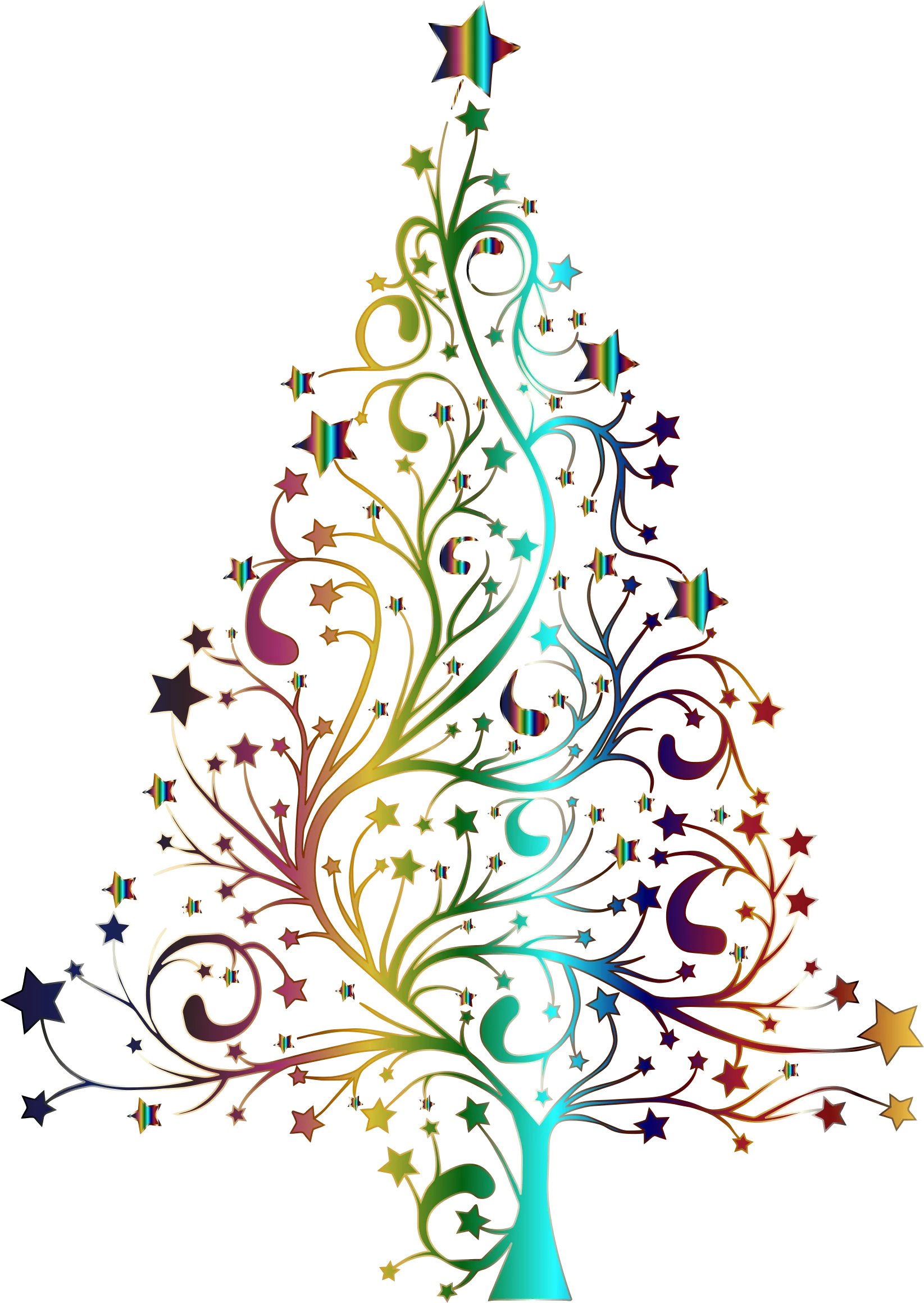 Elegant Rainbow Swirl Christmas Tree Silhouette with Starry Ornaments Clipart