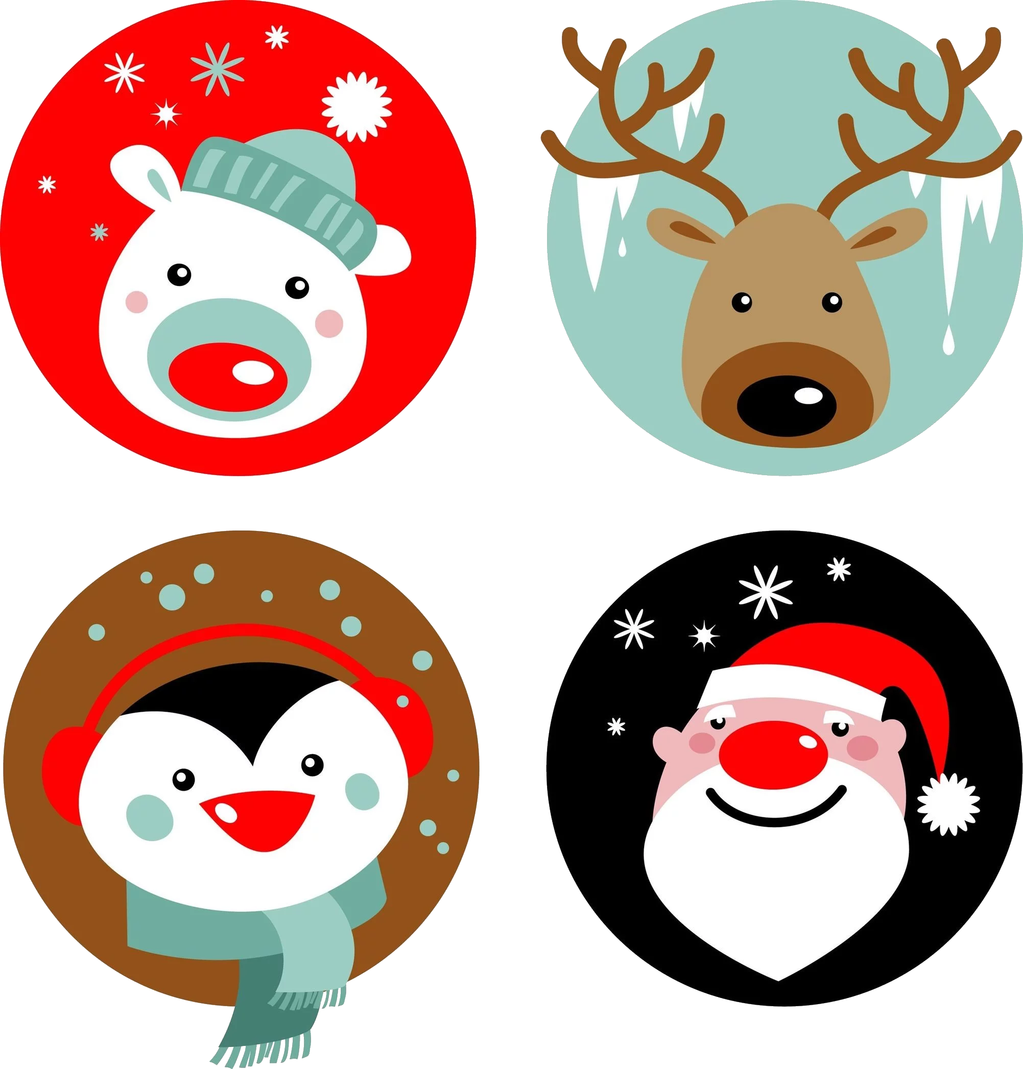 Festive Christmas Character Clipart Icons - Holiday Cartoon Circular Designs