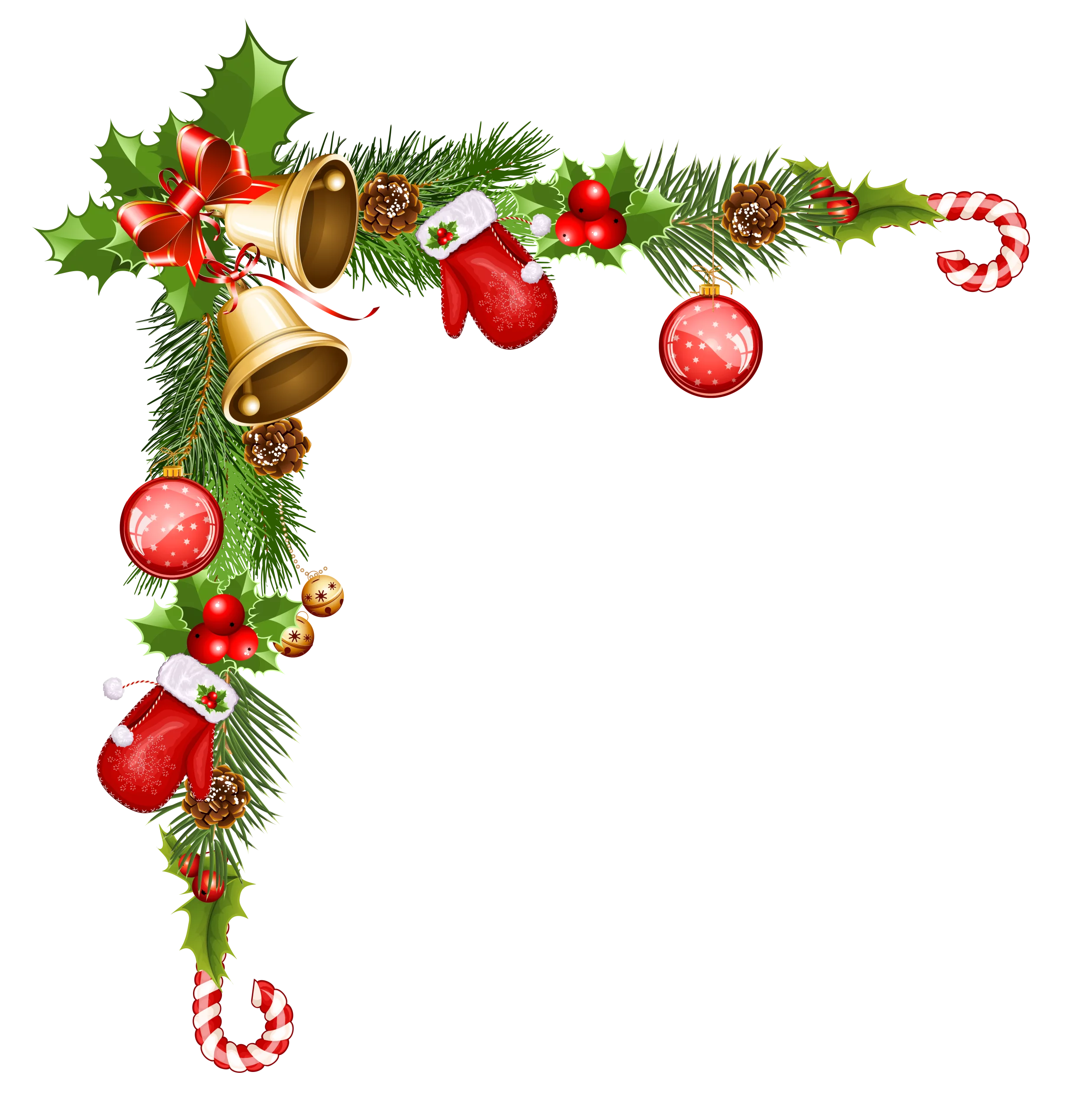 Festive Christmas Corner Border with Holly, Bells and Ornaments Clipart