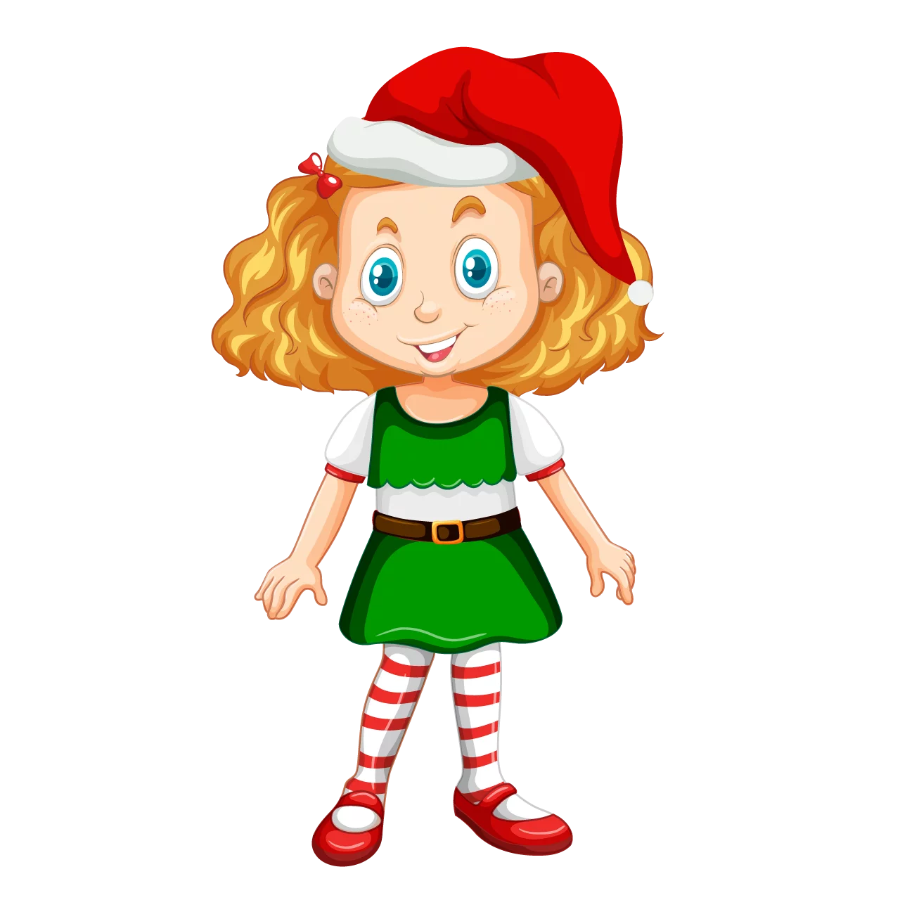 Festive Christmas Elf Character with Blonde Curls and Striped Stockings Clipart