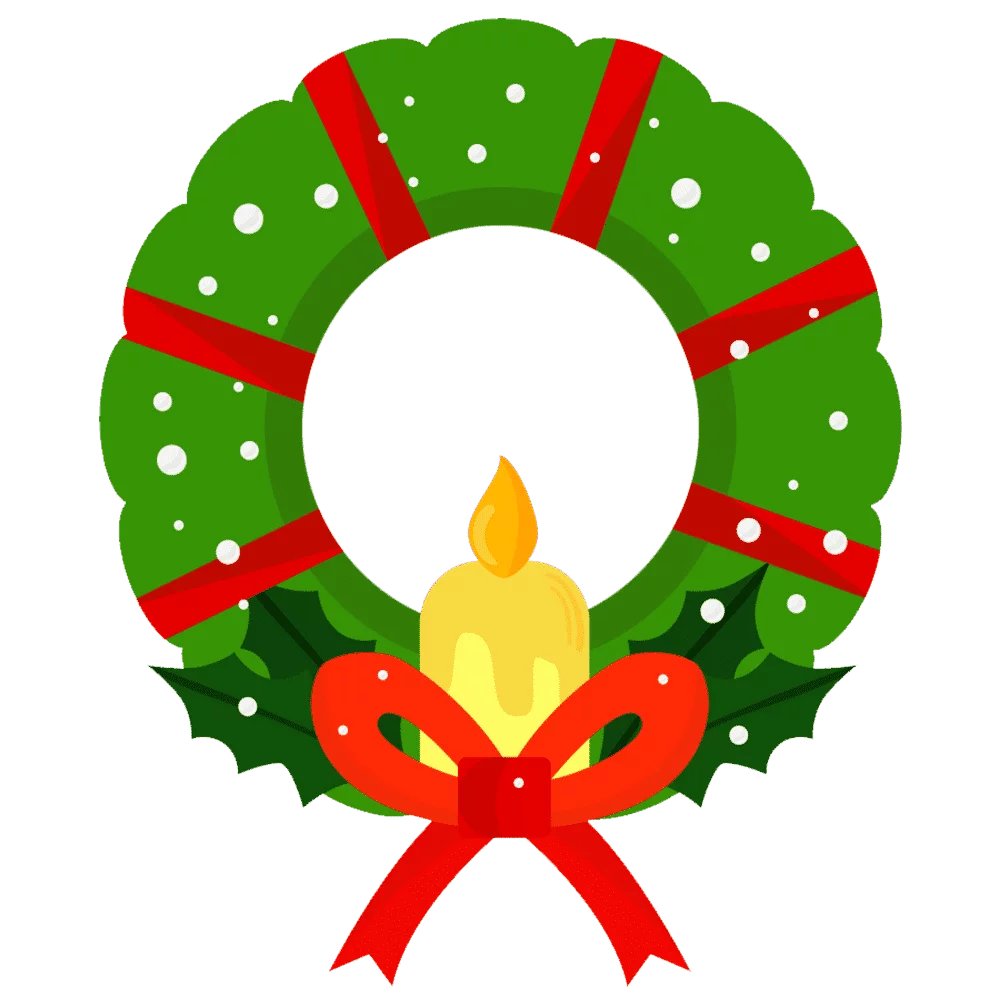 Festive Christmas Holiday Wreath with Red Ribbon and Golden Candle Clipart