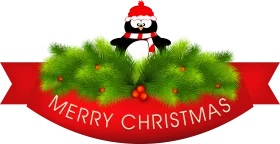 Festive Christmas Penguin with Red Hat on Green Pine Decoration Clipart