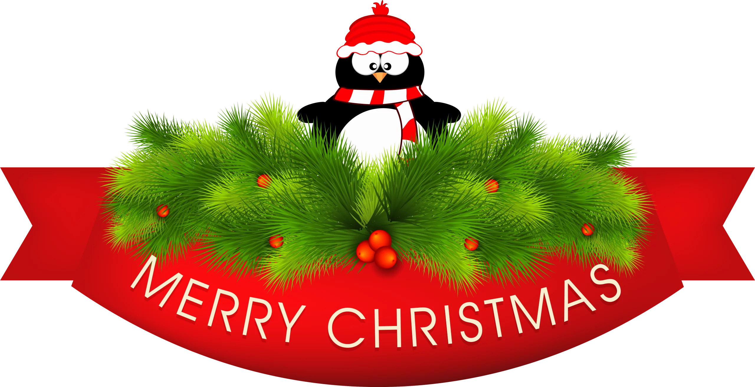 Festive Christmas Penguin with Red Hat on Green Pine Decoration Clipart