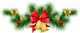 Festive Christmas Pine Garland with Golden Bells and Red Bow Holiday Clipart