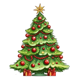 Festive Christmas Tree Clipart with Red Ornaments and Golden Star Topper