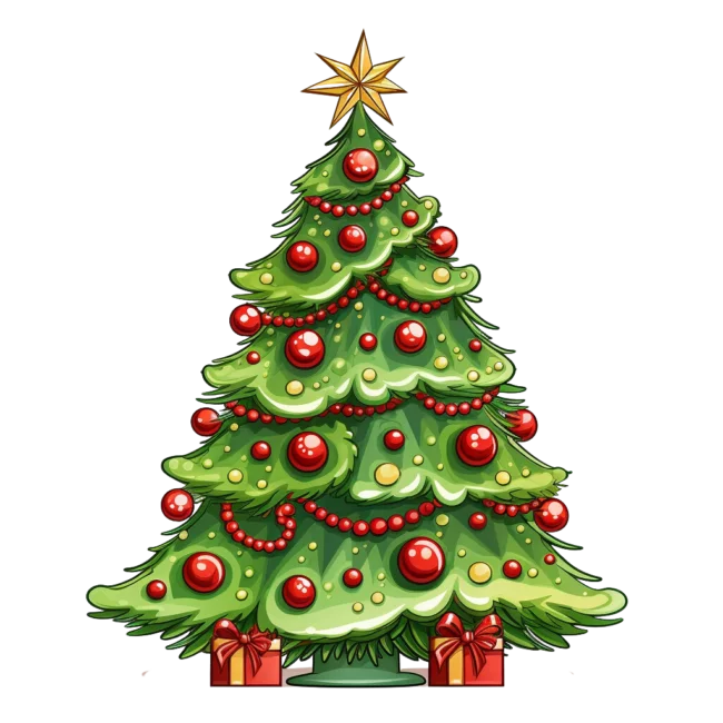 Festive Christmas Tree Clipart with Red Ornaments and Golden Star Topper