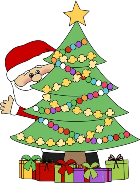 Festive Christmas Tree Clipart with Santa Claus Peeking and Colorful Presents