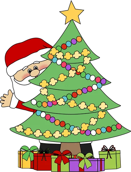 Festive Christmas Tree Clipart with Santa Claus Peeking and Colorful Presents