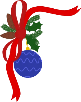 Festive Holiday Blue Ornament with Holly Leaf and Red Ribbon Christmas Clipart