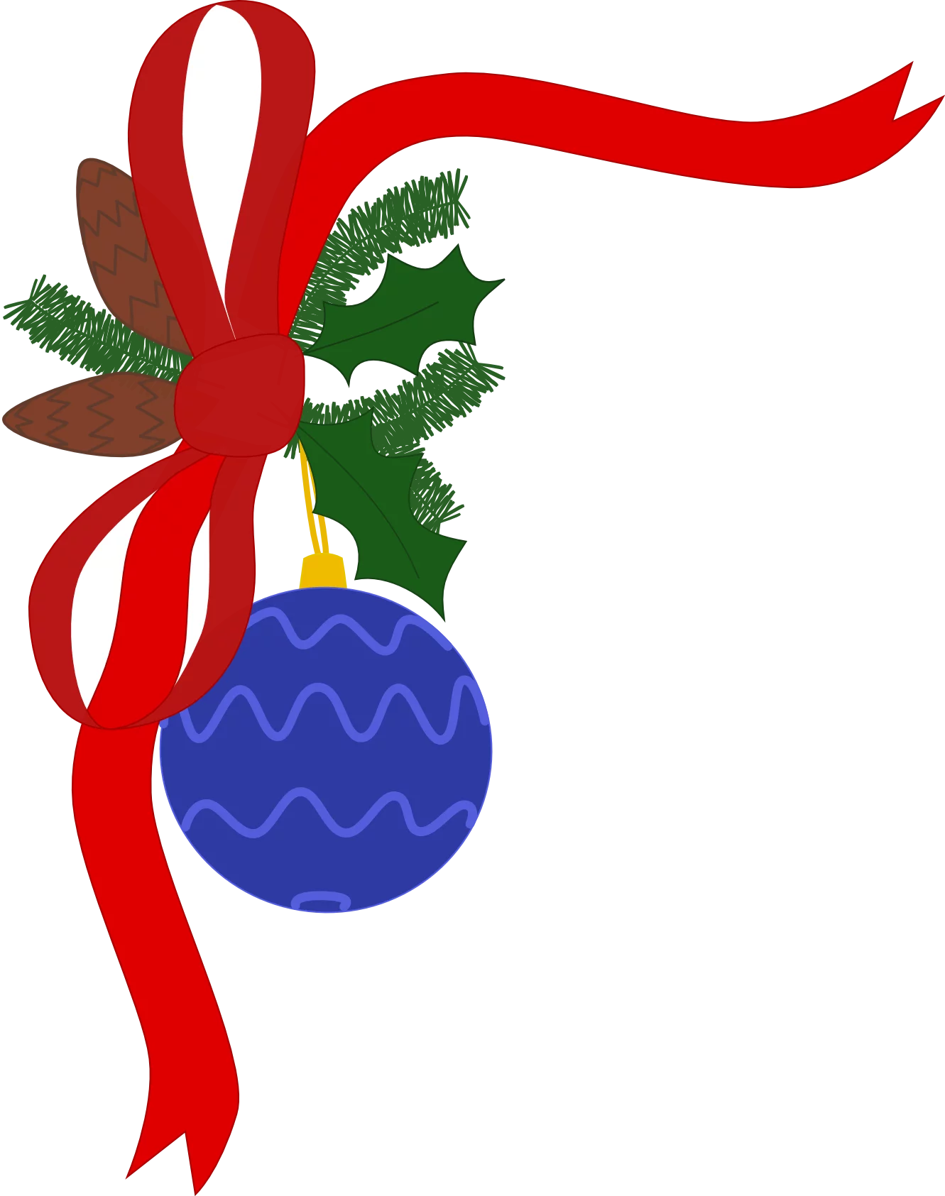 Festive Holiday Blue Ornament with Holly Leaf and Red Ribbon Christmas Clipart