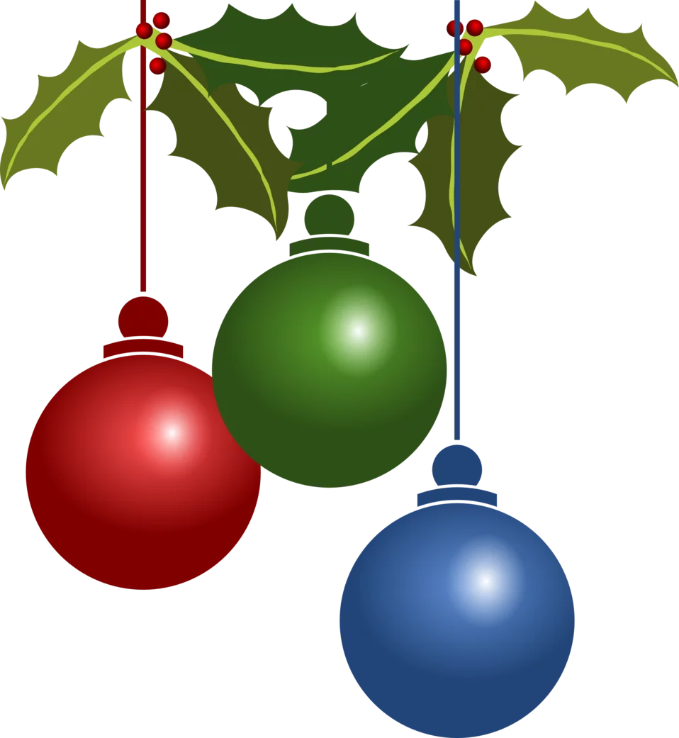 Festive Holiday Christmas Ornaments with Holly Leaves Decorative Clipart