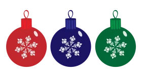 Festive Holiday Christmas Ornaments with Snowflake Designs in Red, Blue and Green