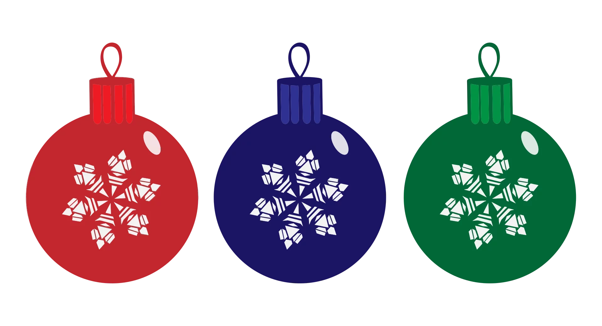 Festive Holiday Christmas Ornaments with Snowflake Designs in Red, Blue and Green