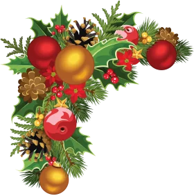 Festive Holiday Corner Decoration with Red and Gold Ornaments and Holly Berries Clipart