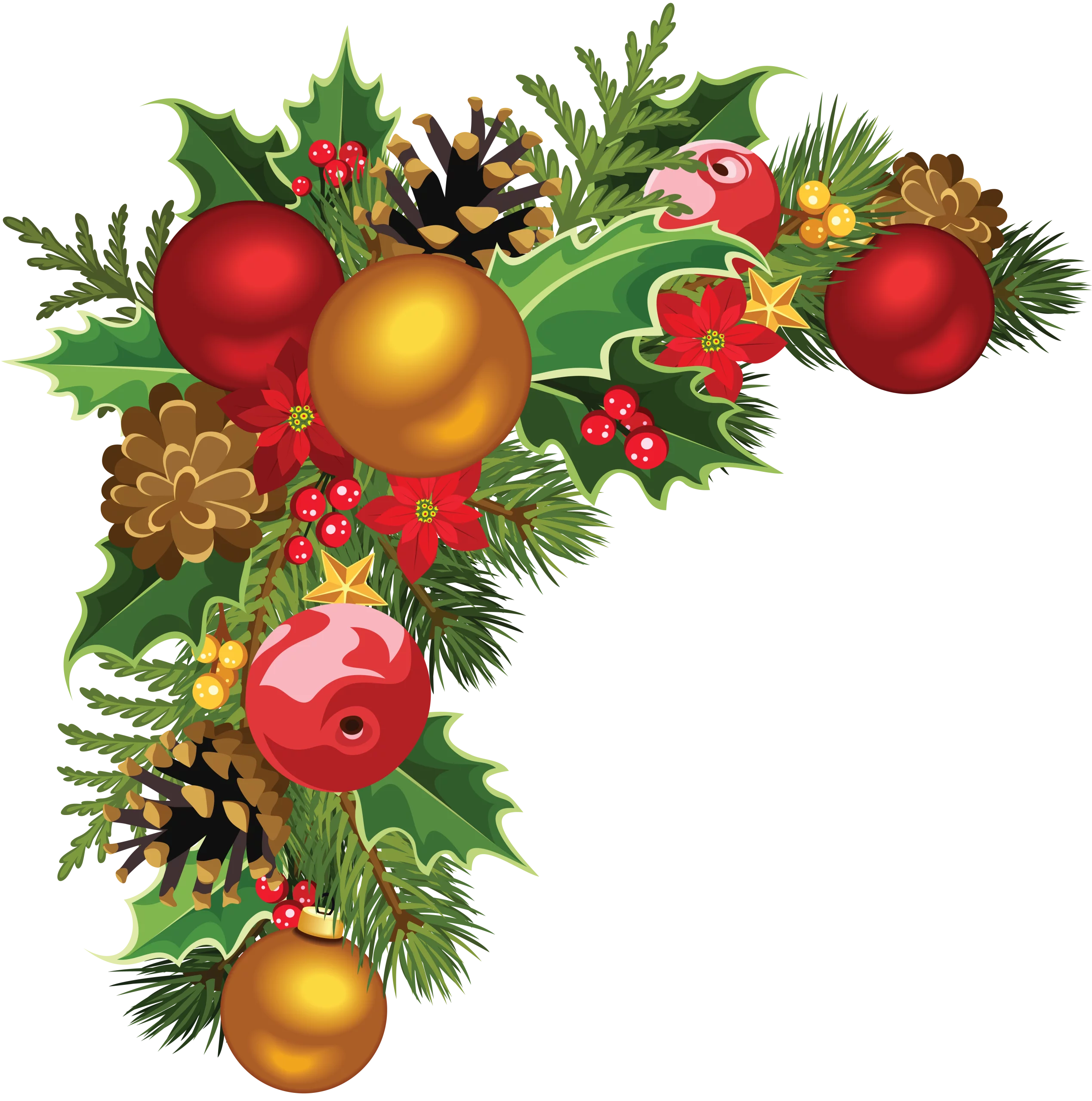 Festive Holiday Corner Decoration with Red and Gold Ornaments and Holly Berries Clipart