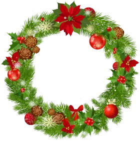 Festive Holiday Evergreen Wreath with Poinsettias, Pine Cones and Christmas Ornaments Clipart